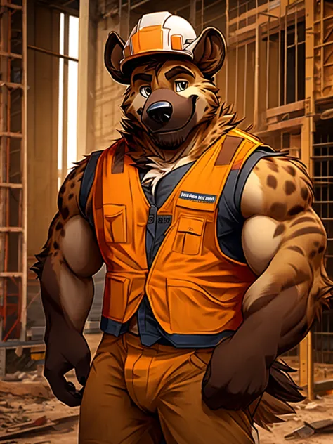 male hyena. whole body, Worker, (full nude, safety vest only,)perspiration, realist, SMILE,Construction site,