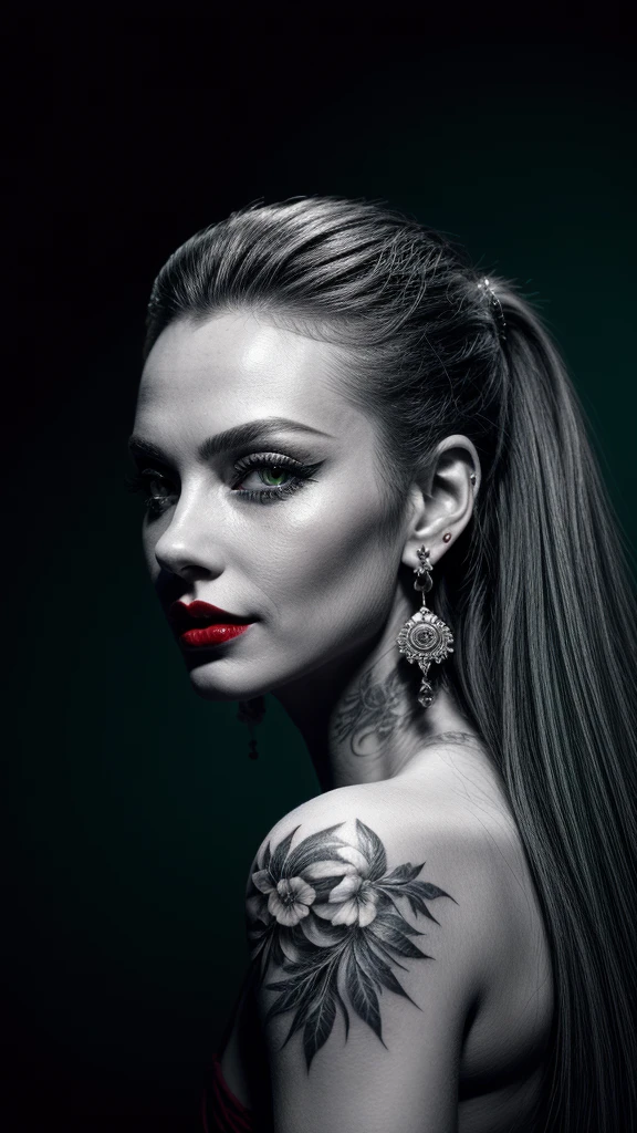 DigiArt Style, 1girl, solo, looking at viewer, long hair, monochrome, greyscale, earrings, red lips, BREAK, deep green eyes, petals, eyelashes, tattoo, makeup, watermark, piercing, ear piercing, portrait,