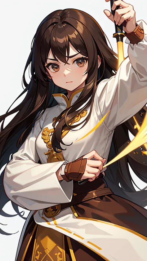 strong women, long brown hair, brown robes, holding a sword, whole body側面図, pure white background, whole body