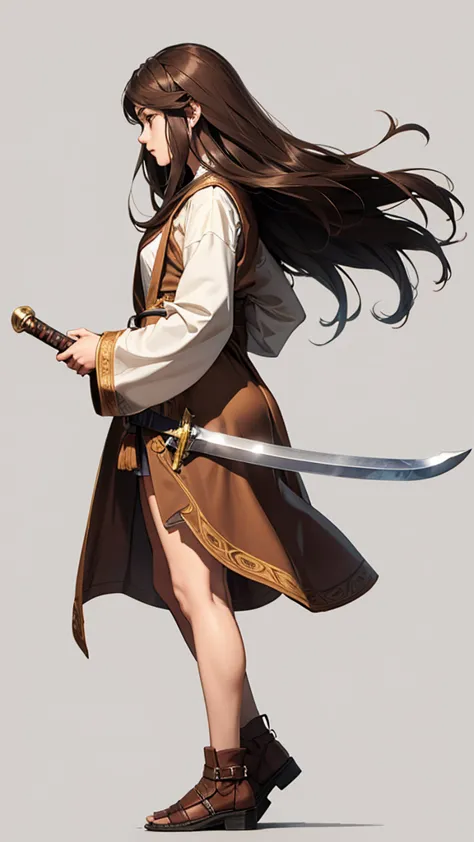 strong women, long brown hair, brown robes, holding a sword, full body side view, pure white background