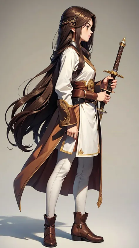 strong women, long brown hair, brown robes, holding a sword, full body side view, pure white background