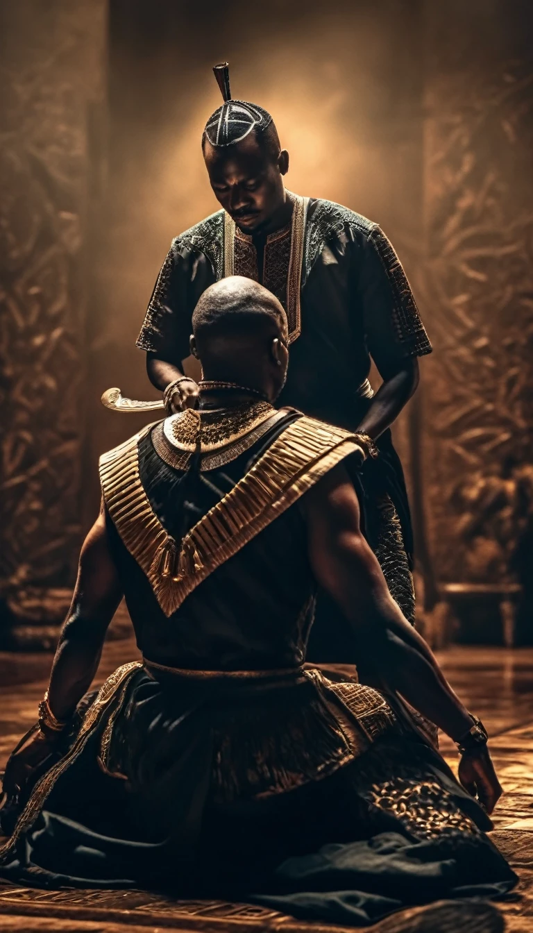 A dramatic scene of an African emperor about to execute his kneeling brother, intricate details, highly realistic, cinematic lighting, gritty, chiaroscuro, dark moody colors, powerful, tense atmosphere, masterpiece, best quality, 8k, HDR, physically-based rendering, ultra-detailed, sharp focus