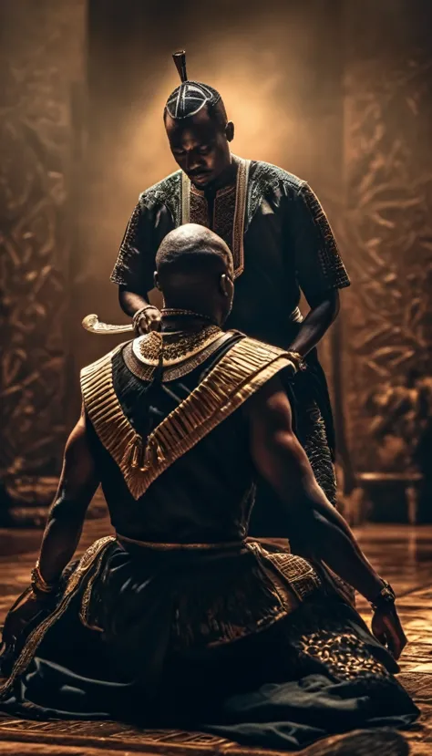 a dramatic scene of an african emperor about to execute his kneeling brother, intricate details, highly realistic, cinematic lig...