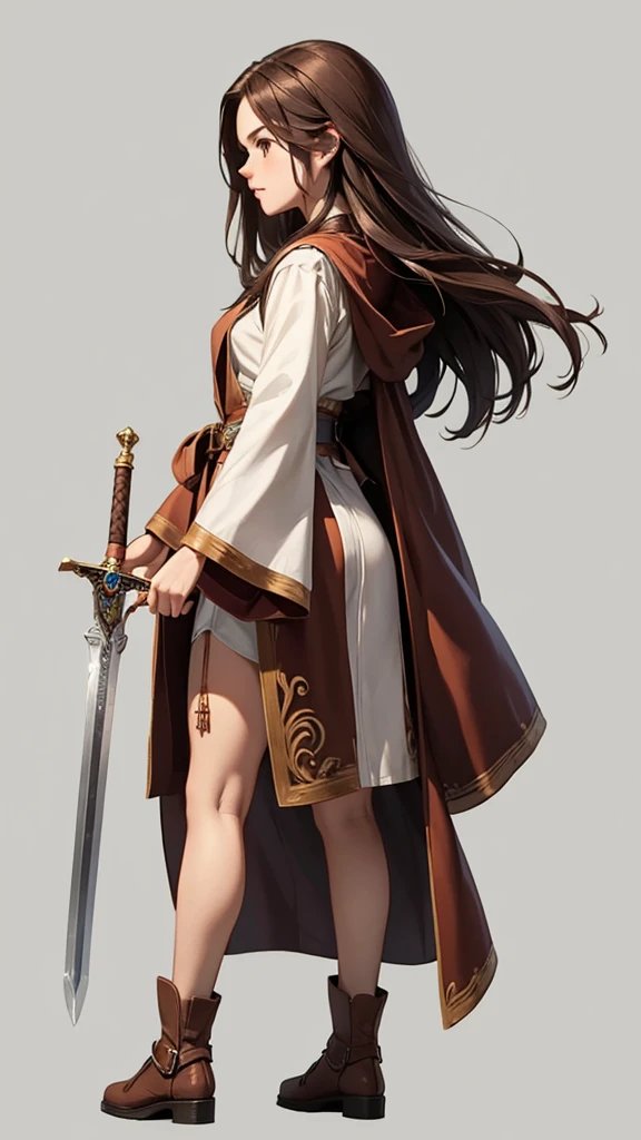 Strong women, Long brown hair, Brown robes, Holding a sword, Full body side view, Pure white background, View Viewer