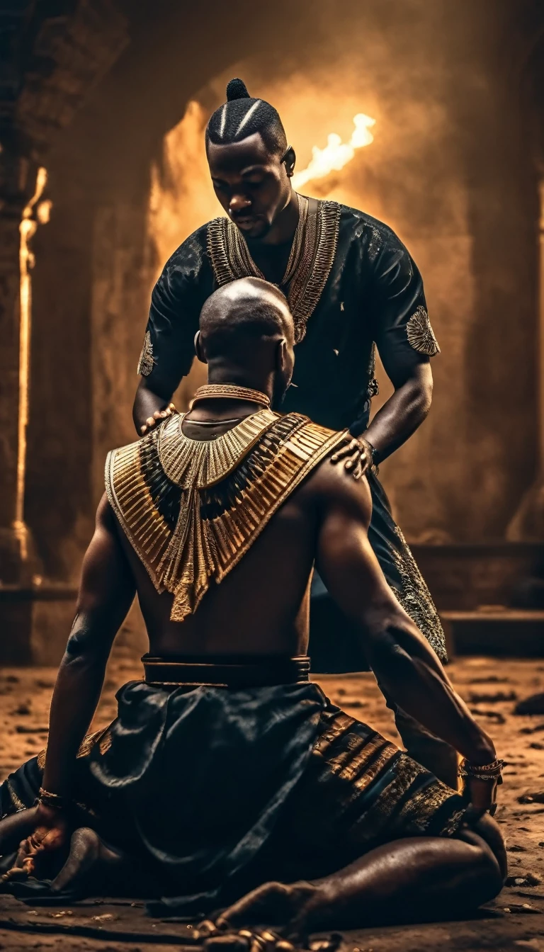 A dramatic scene of an African emperor about to execute his kneeling brother, intricate details, highly realistic, cinematic lighting, gritty, outside destroyed bacground, chiaroscuro, dark moody colors, powerful, tense atmosphere, masterpiece, best quality, 8k, HDR, physically-based rendering, ultra-detailed, sharp focus