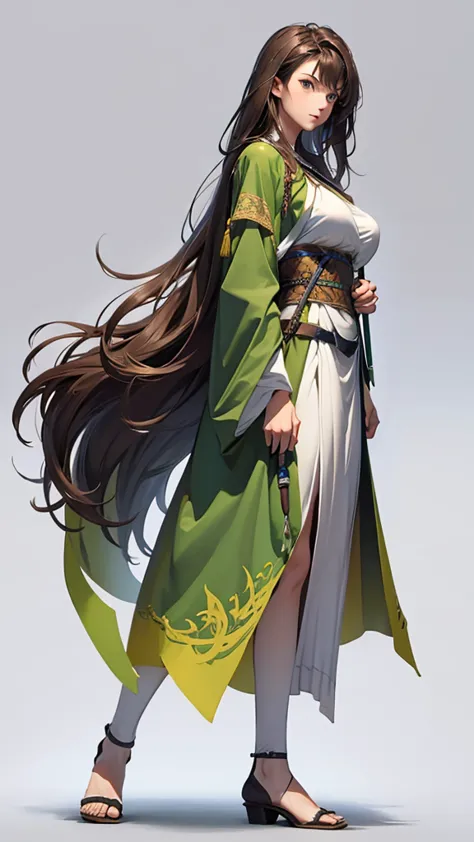 Strong women, Long brown hair, Green robe, Holding a sword, Full body side view, View Viewer, Pure white background