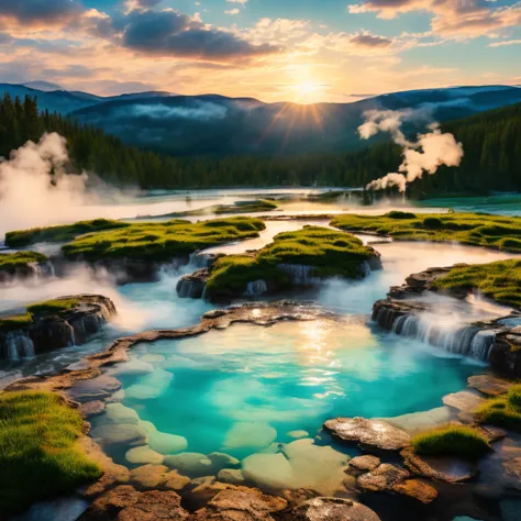 (Sunrise Time), At sunrise in Yellowstone National Park, hot springs and geysers are emitting steam, and the air is filled with ...