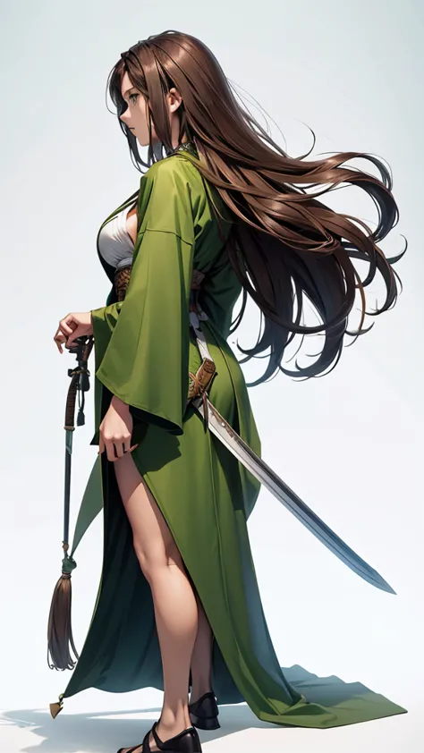 Strong women, Long brown hair, Green robe, Holding a sword, Full body side view, View Viewer, Pure white background