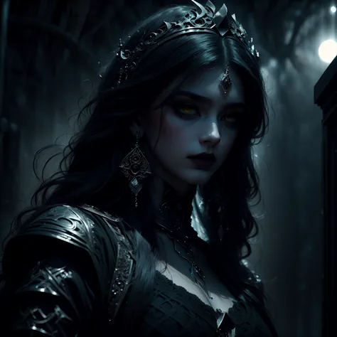 a gothic queen, demonic eyes, black armor, moon behind, 1 girl, solo, black hair, jewelry, long hair, looking at viewer, detaile...