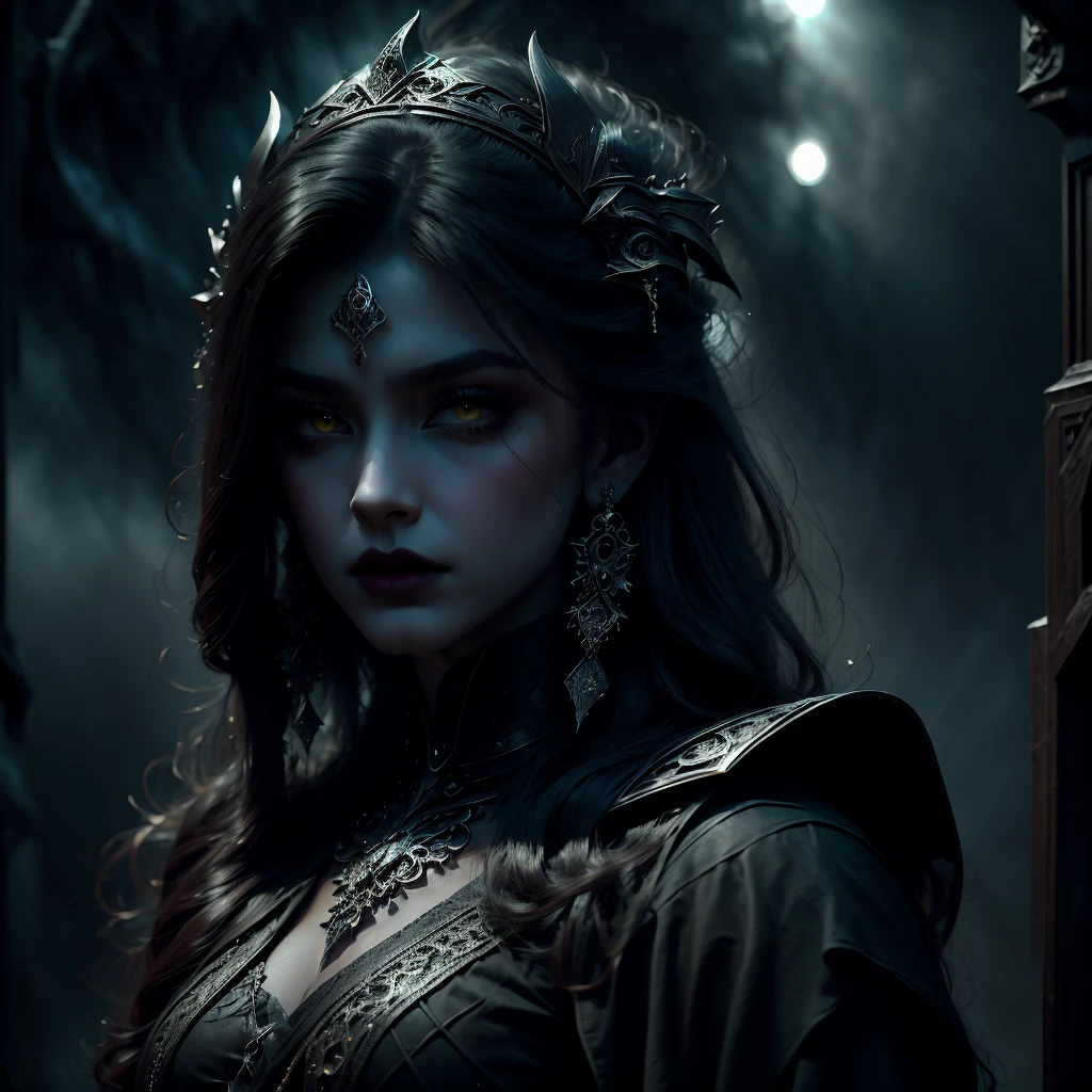 a gothic queen, demonic eyes, black armor, moon behind, 1 girl, solo, black hair, jewelry, long hair, looking at viewer, detailed lips, earrings, yellow eyes, (best quality,4k,8k,highres,masterpiece:1.2),ultra-detailed,(realistic,photorealistic,photo-realistic:1.37),gothic,dark fantasy,dramatic lighting,cinematic,dramatic pose,dramatic atmosphere,moody colors,dramatic shadows