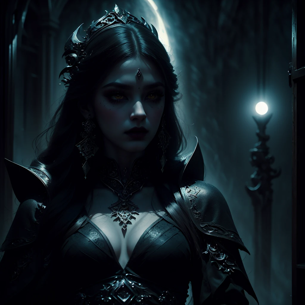 a gothic queen, demonic eyes, black armor, moon behind, 1 girl, solo, black hair, jewelry, long hair, looking at viewer, detailed lips, earrings, yellow eyes, (best quality,4k,8k,highres,masterpiece:1.2),ultra-detailed,(realistic,photorealistic,photo-realistic:1.37),gothic,dark fantasy,dramatic lighting,cinematic,dramatic pose,dramatic atmosphere,moody colors,dramatic shadows