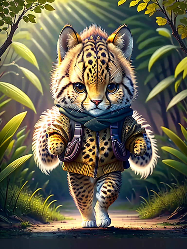 Meilleure qualité d&#39;image、"Create your own Mignon animal masterpieces、guépard、（L&#39;endroit est une forêt）, Détails élevés, en 8K、Meilleure qualité d&#39;image、Habillé en aventurier、Avec un shuriken à la main、Déguisement de héros ninja、(((Mignon)))、Marcher vers le soleil du matin