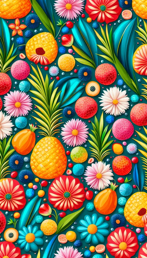 Seas of ((Colourful SUMMER VIBES FLOWER AND FRUIT)) MILLION SMALL ((YELLOW PINEAPPLE, BLUE BUTTERFLY)) In the (PINK LIGHT COLOR ...