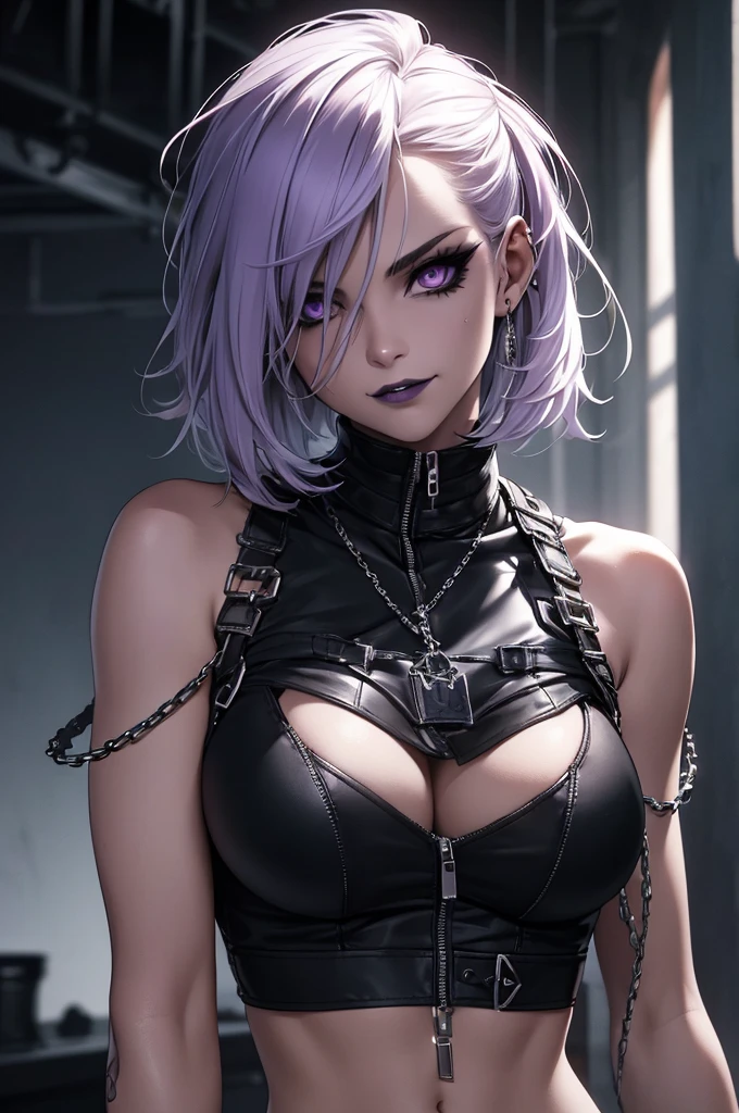 a punk girl, student, hooligan, short messy white hair, purple eyes, black punk clothes, punk, chains, black sleeveless top, baggy black pants, sadistic smile, aggressive, dark purple lipstick, thug, (best quality,4k,8k,highres,masterpiece:1.2),ultra-detailed,(realistic,photorealistic,photo-realistic:1.37),cinematic lighting,dramatic shadows,gothic,dark fantasy,moody,dramatic, leather jacket hanging from the shoulders pumped up muscles