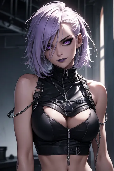 a punk girl, student, hooligan, short messy white hair, purple eyes, black punk clothes, punk, chains, black sleeveless top, bag...