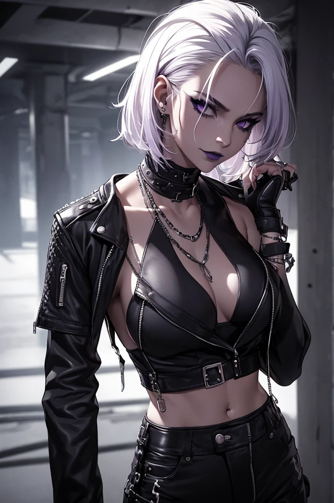 a punk girl, student, hooligan, short messy white hair, purple eyes, black punk clothes, punk, chains, black sleeveless top, baggy black pants, sadistic smile, aggressive, dark purple lipstick, thug, (best quality,4k,8k,highres,masterpiece:1.2),ultra-detailed,(realistic,photorealistic,photo-realistic:1.37),cinematic lighting,dramatic shadows,gothic,dark fantasy,moody,dramatic, leather jacket hanging from the shoulders pumped up muscles