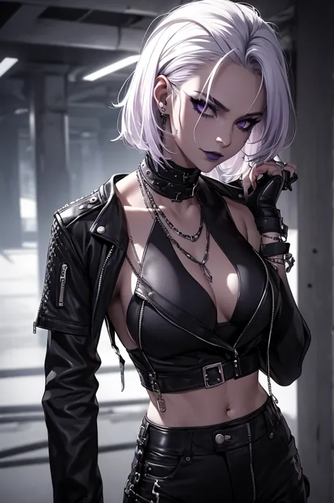 a punk girl, student, hooligan, short messy white hair, purple eyes, black punk clothes, punk, chains, black sleeveless top, bag...