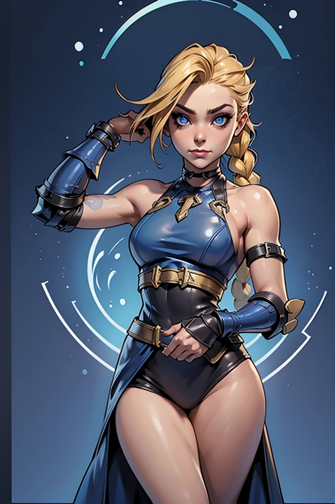 (best quality,​masterpiece:1.2), expressive eyes, perfect face, 1 girl, jinx, blond hair, blue eyes, arch, Fantasies, Leather Armor, Blue clothes, Archer