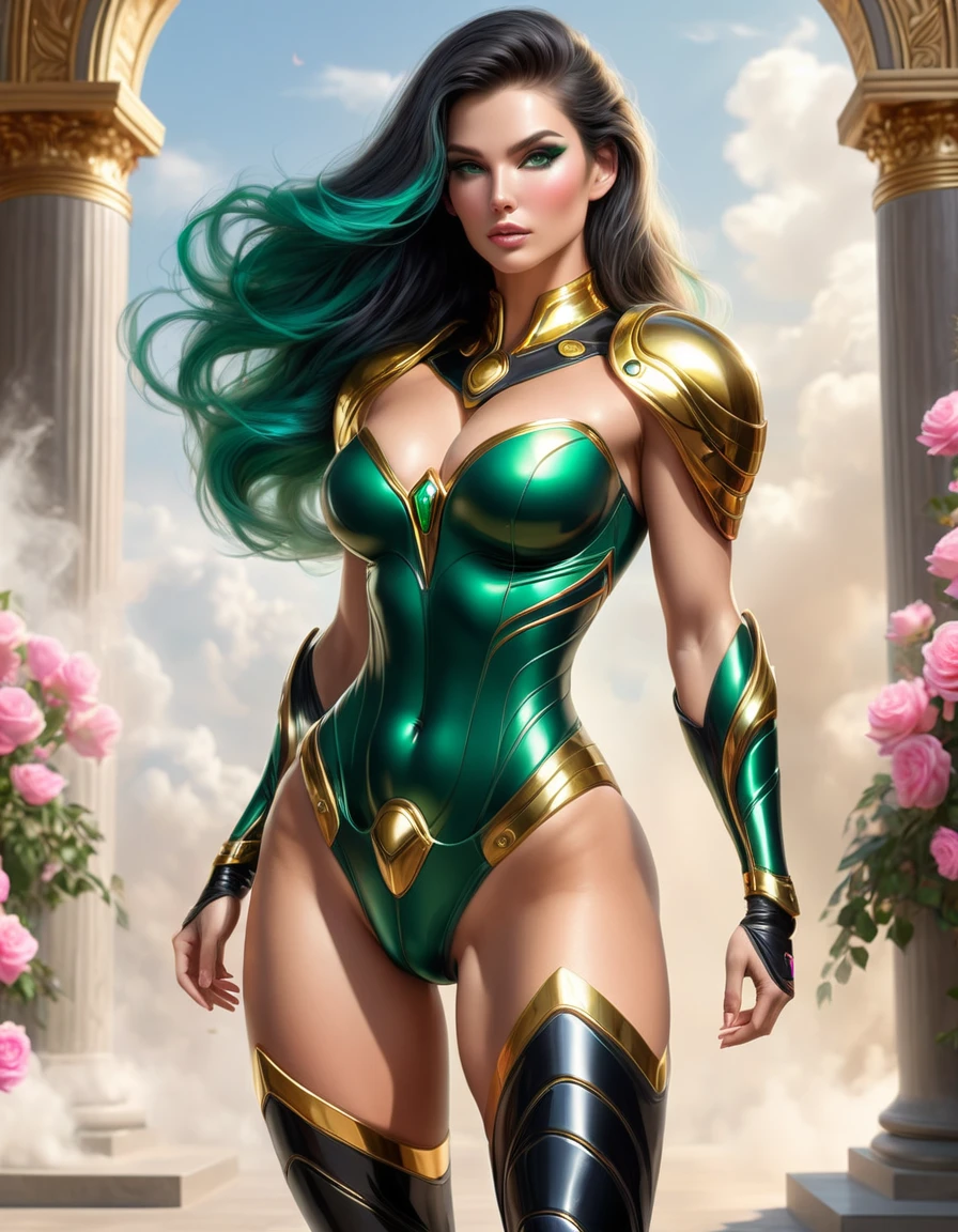 BEAUTIFUL GODDESS WOMAN , tall woman BODY, tall woman, STRONG CURVED ATHLETIC BODY, muscles, BLACK GREEN COSTUME, body tanga, gold accents, BEAUTIFUL THIGHS EXPOSED, SWEATY BUTTOCKS, Strong glutes, TENNIS GOLD, GOLDEN GAUNTLETS, HUGE LONG BLUE BLACK PINK body hair, very pale skin, body hair, body hair STYLE, EXPRESSIVE LIGHT GRAY EYES, High cheekbone, rosy cheeks, strapless bodysuit, full body perspective, Side view of the body, War scenario, sexiness, mythology artwork, work of art
