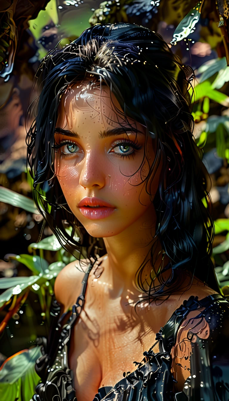 A stunning woman with wavy black hair meditating in a 安詳 natural setting, 周圍環繞著鬱鬱蔥蔥的瀑布和綠樹, (1個女孩, 花園裡的女孩, 美麗細緻的眼睛, 美麗細緻的嘴唇, 極度細緻的眼睛和臉部, 長長的睫毛, 歌德, black 歌德 top, dark 歌德 skirt, 安詳, 寧靜, 冥想, 蓮花位), a contaminated cenote with the same woman in a 發光的, 空靈的 and distressed form, wearing shimmering metallic 歌德 armor and holding a 發光的 orb with the earth inside, representing 轉型 and 二元性, (歌德, 發光的, 空靈的, 宇宙光環, shimmering metallic 歌德 armor, 發光的 orb with earth, 轉型, 二元性), (最好的品質, 4k, 8K, 高解析度, 傑作:1.2), 超詳細, (實際的, photo實際的, photo-實際的:1.37), 高動態範圍, 超高畫質, 演播室燈光, 超細塗裝, 銳利的焦點, 基於物理的渲染, 極為詳細的描述, 專業的, 鮮豔的色彩, 散景, 攝影, 概念藝術