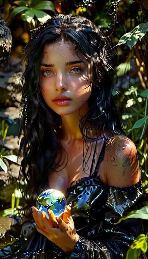 a stunning woman with wavy black hair meditating in a serene natural setting, surrounded by a lush waterfall and greenery, (1gir...