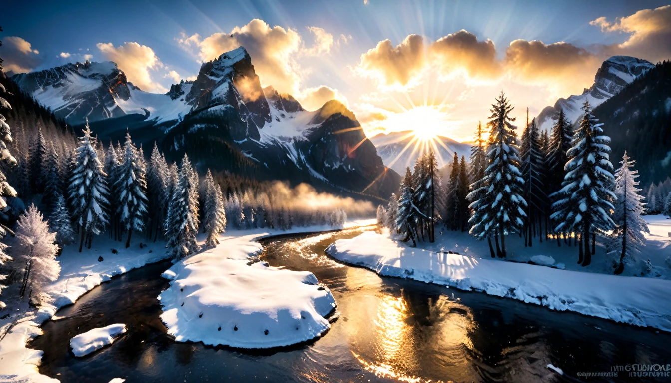 a National Geographic nature shot of a snowy mountain, the sun rises, (the transition between night and day: 1.3), the snow forest mountain range, the forest in the mountains, there pine trees, snow, a river flows between the mountains, the forest is reflected in rays of sunset in river, divine rays, some clouds, sun rays, some stars,  (highest quality:1.2, Very detailed, up to date, Vibrant, Ultra-high resolution, High Contrast, masterpiece:1.2, highest quality, Best aesthetics), best details, best quality, highres, ultra wide angle, 16k, [ultra detailed], masterpiece, best quality, (extremely detailed: 1.5), aetherpunkai, Cinematic Hollywood Film style, ladyshadow