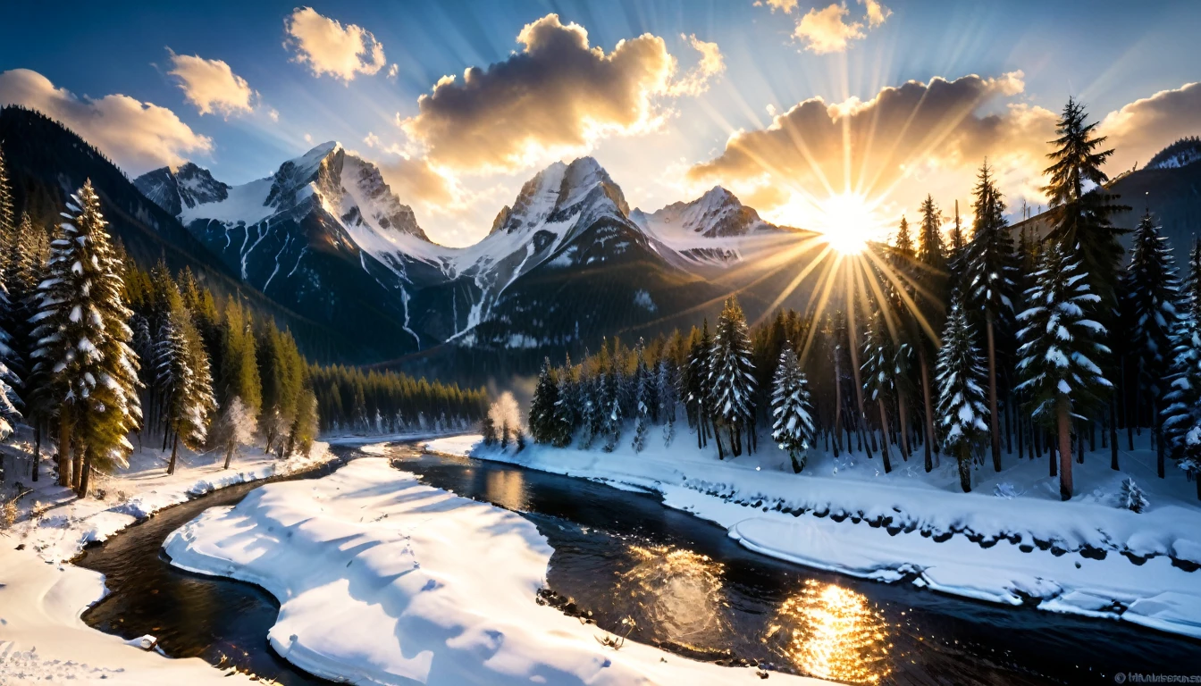 a National Geographic nature shot of a snowy mountain, the sun rises, (the transition between night and day: 1.3), the snow forest mountain range, the forest in the mountains, there pine trees, snow, a river flows between the mountains, the forest is reflected in rays of sunset in river, divine rays, some clouds, sun rays, some stars,  (highest quality:1.2, Very detailed, up to date, Vibrant, Ultra-high resolution, High Contrast, masterpiece:1.2, highest quality, Best aesthetics), best details, best quality, highres, ultra wide angle, 16k, [ultra detailed], masterpiece, best quality, (extremely detailed: 1.5), aetherpunkai, Cinematic Hollywood Film style, ladyshadow