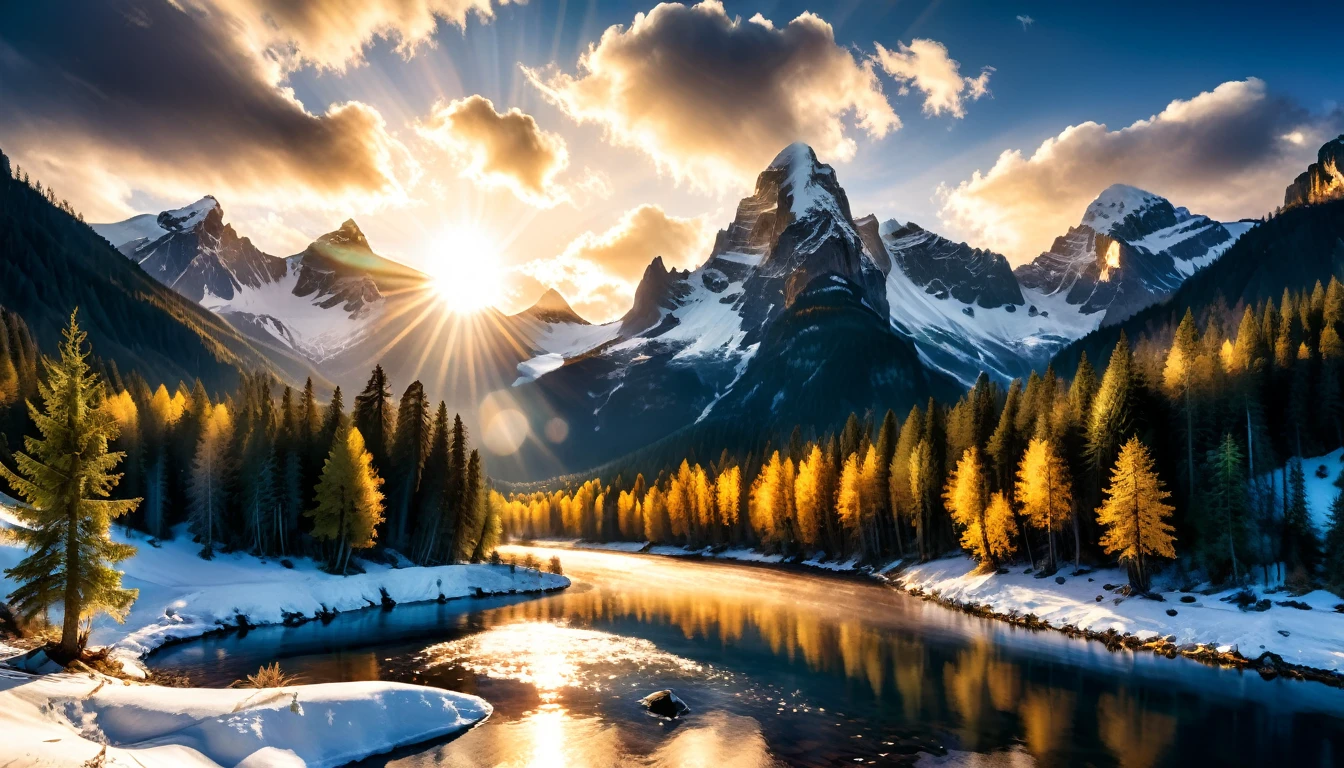 a National Geographic nature shot of a snowy mountain, the sun rises, (the transition between night and day: 1.3), the snow forest mountain range, the forest in the mountains, there pine trees, snow, a river flows between the mountains, the forest is reflected in rays of sunset in river, divine rays, some clouds, sun rays, some stars,  (highest quality:1.2, Very detailed, up to date, Vibrant, Ultra-high resolution, High Contrast, masterpiece:1.2, highest quality, Best aesthetics), best details, best quality, highres, ultra wide angle, 16k, [ultra detailed], masterpiece, best quality, (extremely detailed: 1.5), aetherpunkai, Cinematic Hollywood Film style, ladyshadow