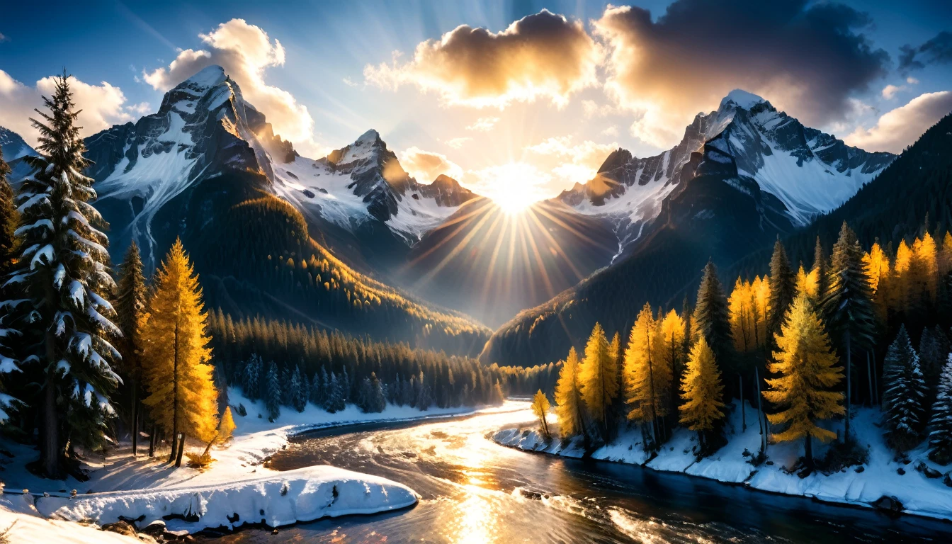 a National Geographic nature shot of a snowy mountain, the sun rises, (the transition between night and day: 1.3), the snow forest mountain range, the forest in the mountains, there pine trees, snow, a river flows between the mountains, the forest is reflected in rays of sunset in river, divine rays, some clouds, sun rays, some stars,  (highest quality:1.2, Very detailed, up to date, Vibrant, Ultra-high resolution, High Contrast, masterpiece:1.2, highest quality, Best aesthetics), best details, best quality, highres, ultra wide angle, 16k, [ultra detailed], masterpiece, best quality, (extremely detailed: 1.5), aetherpunkai, Cinematic Hollywood Film style, ladyshadow