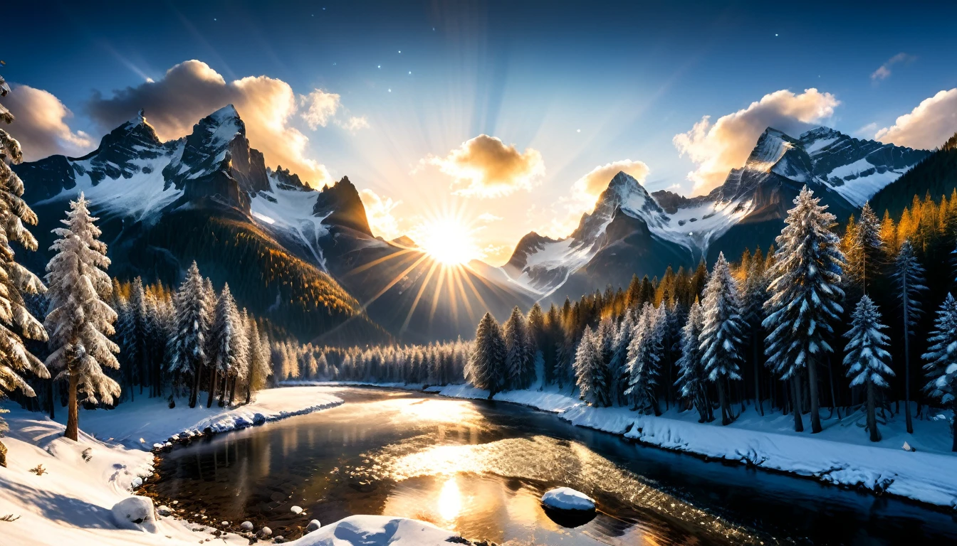 a National Geographic nature shot of a snowy mountain, the sun rises, (the transition between night and day: 1.3), the snow forest mountain range, the forest in the mountains, there pine trees, snow, a river flows between the mountains, the forest is reflected in rays of sunset in river, divine rays, some clouds, sun rays, some stars,  (highest quality:1.2, Very detailed, up to date, Vibrant, Ultra-high resolution, High Contrast, masterpiece:1.2, highest quality, Best aesthetics), best details, best quality, highres, ultra wide angle, 16k, [ultra detailed], masterpiece, best quality, (extremely detailed: 1.5), aetherpunkai, Cinematic Hollywood Film style, ladyshadow