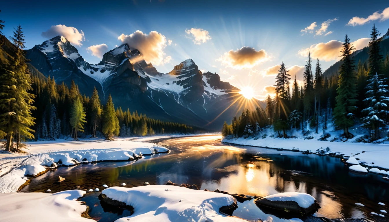 a National Geographic nature shot of a snowy mountain, the sun rises, (the transition between night and day: 1.3), the snow forest mountain range, the forest in the mountains, there pine trees, snow, a river flows between the mountains, the forest is reflected in rays of sunset in river, divine rays, some clouds, sun rays, some stars,  (highest quality:1.2, Very detailed, up to date, Vibrant, Ultra-high resolution, High Contrast, masterpiece:1.2, highest quality, Best aesthetics), best details, best quality, highres, ultra wide angle, 16k, [ultra detailed], masterpiece, best quality, (extremely detailed: 1.5), aetherpunkai, Cinematic Hollywood Film style, ladyshadow