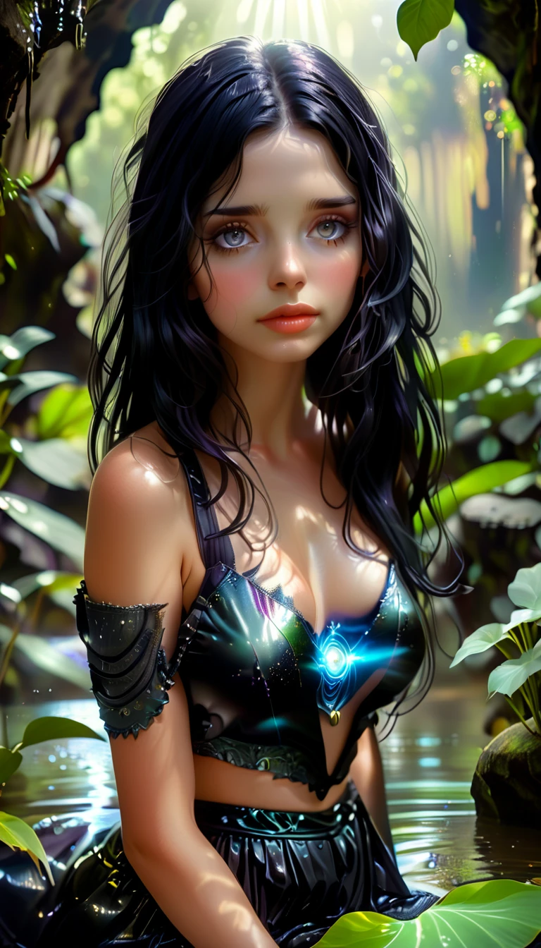 A stunning woman with wavy black hair meditating in a serene natural setting, surrounded by a lush waterfall and greenery, (1girl, girl in a garden, beautiful detailed eyes, beautiful detailed lips, extremely detailed eyes and face, long eyelashes, goth, black goth top, dark goth skirt, serene, tranquil, meditation, lotus position), a contaminated cenote with the same woman in a glowing, ethereal and distressed form, wearing shimmering metallic goth armor and holding a glowing orb with the earth inside, representing transformation and duality, (goth, glowing, ethereal, cosmic aura, shimmering metallic goth armor, glowing orb with earth, transformation, duality), (best quality, 4k, 8k, highres, masterpiece:1.2), ultra-detailed, (realistic, photorealistic, photo-realistic:1.37), HDR, UHD, studio lighting, ultra-fine painting, sharp focus, physically-based rendering, extreme detail description, professional, vivid colors, bokeh, photography, concept art