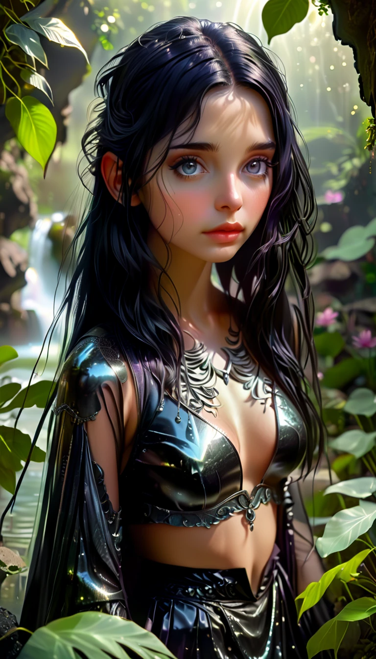 A stunning woman with wavy black hair meditating in a serene natural setting, surrounded by a lush waterfall and greenery, (1girl, girl in a garden, beautiful detailed eyes, beautiful detailed lips, extremely detailed eyes and face, long eyelashes, goth, black goth top, dark goth skirt, serene, tranquil, meditation, lotus position), a contaminated cenote with the same woman in a glowing, ethereal and distressed form, wearing shimmering metallic goth armor and holding a glowing orb with the earth inside, representing transformation and duality, (goth, glowing, ethereal, cosmic aura, shimmering metallic goth armor, glowing orb with earth, transformation, duality), (best quality, 4k, 8k, highres, masterpiece:1.2), ultra-detailed, (realistic, photorealistic, photo-realistic:1.37), HDR, UHD, studio lighting, ultra-fine painting, sharp focus, physically-based rendering, extreme detail description, professional, vivid colors, bokeh, photography, concept art