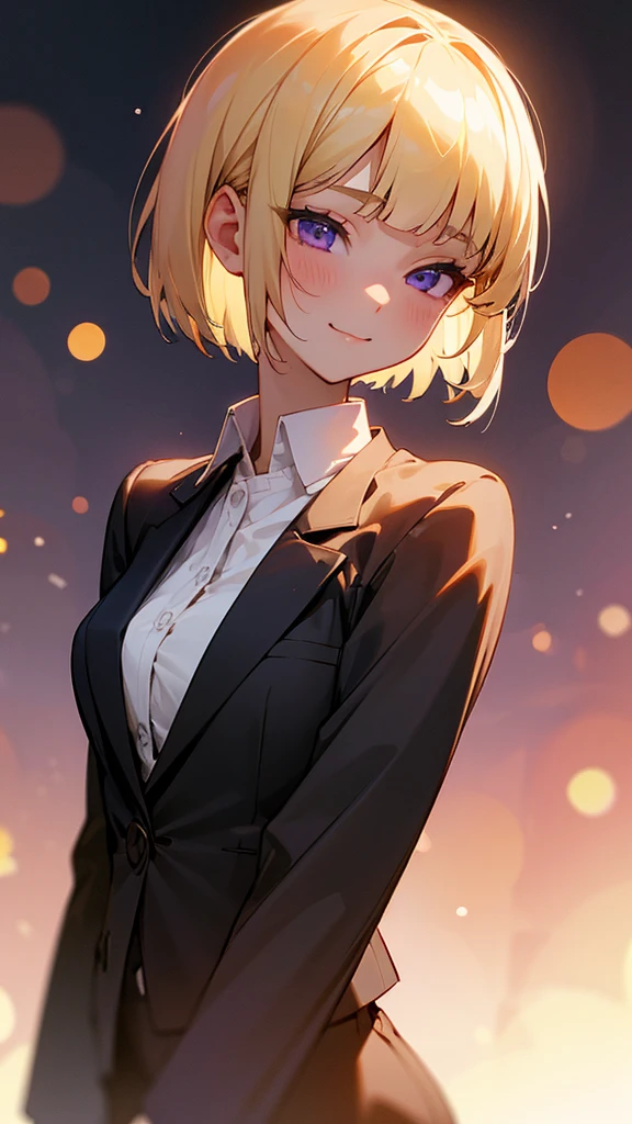 1 Girl、8K、Sharp focus、(Bokeh) (Highest quality) (Detailed skin:1.3) (Intricate details) (anime)、(blonde)、short hair、Bobcut、Blunt bangs、Beautiful purple eyes、Slender body、Upper body close-up、White shirt、Black work trousers、Black Fitted Blazer、Calm face、Mouth closed、Cheeky Smile、Squint your eyes、Park in the background、sunset、Soft lighting.