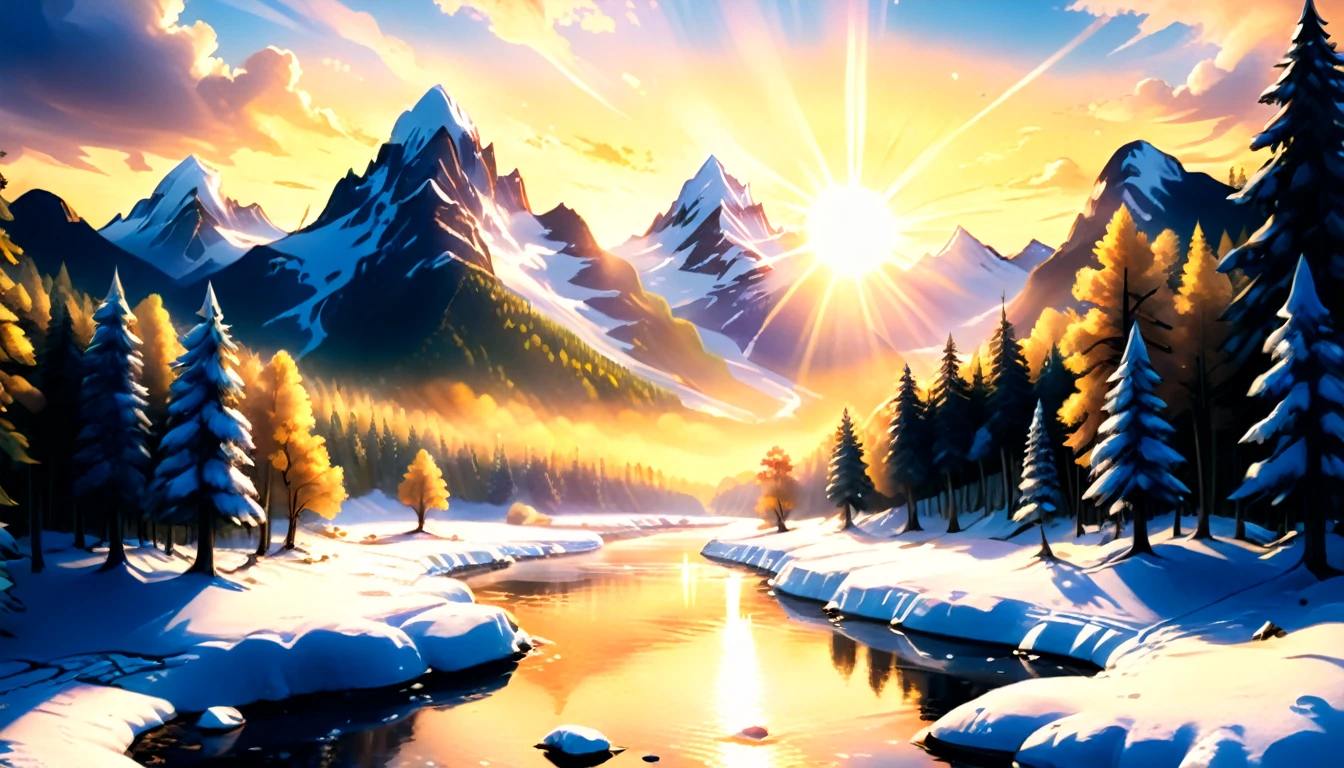 a National Geographic nature shot of a snowy mountain, the sun rises, (the transition between night and day: 1.3), the snow forest mountain range, the forest in the mountains, there pine trees, snow, a river flows between the mountains, the forest is reflected in rays of sunset in river, divine rays, some clouds, sun rays, some stars,  (highest quality:1.2, Very detailed, up to date, Vibrant, Ultra-high resolution, High Contrast, masterpiece:1.2, highest quality, Best aesthetics), best details, best quality, highres, ultra wide angle, 16k, [ultra detailed], masterpiece, best quality, (extremely detailed: 1.5), aetherpunkai,  ladyshadow