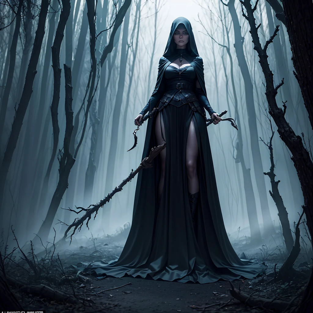 a hauntingly beautiful yet terrifying scene of a witch in the depths of her dark forest domain. She stands tall and imposing, cloaked in shadows, her eyes glowing with an otherworldly light. Despite her eerie allure, there's an undeniable sense of danger emanating from her as she raises her gnarled staff, ready to cast a spell that will ensnare anyone who dares to cross her path. The atmosphere should be thick with suspense and foreboding, with the viewer feeling both captivated and unnerved by her presence