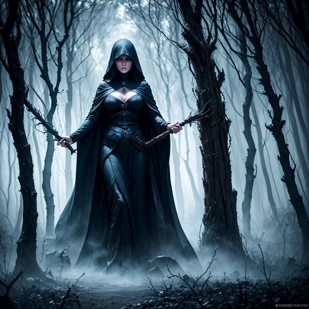 a hauntingly beautiful yet terrifying scene of a witch in the depths of her dark forest domain. She stands tall and imposing, cloaked in shadows, her eyes glowing with an otherworldly light. Despite her eerie allure, there's an undeniable sense of danger emanating from her as she raises her gnarled staff, ready to cast a spell that will ensnare anyone who dares to cross her path. The atmosphere should be thick with suspense and foreboding, with the viewer feeling both captivated and unnerved by her presence