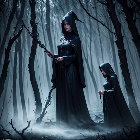 a hauntingly beautiful yet terrifying scene of a witch in the depths of her dark forest domain. She stands tall and imposing, cl...