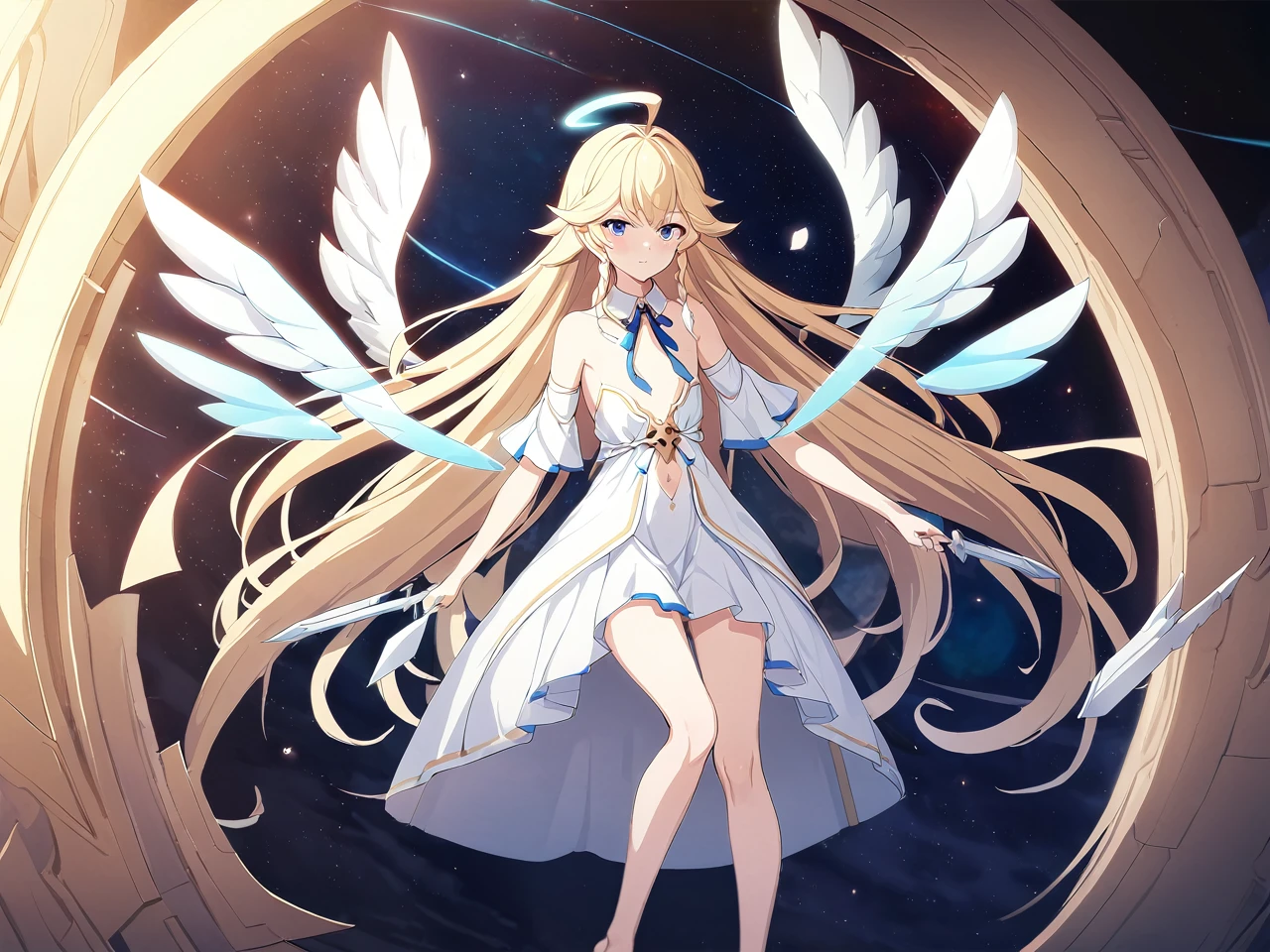 Zaora, blue eyes, (Variegated eyes:0.5), Blonde, Very long hair, Twin Blade, bangs, Ahoge, Hello, Angel, Flat Chest, White Dress, Belly button cutout, Detachable collar, Strapless, Neck ribbon, Bare shoulders, Angel wings, barefoot, One girl, Solo Break Space, planet, Depth of written boundary, Cinematic, masterpiece, Highest quality, Game CG