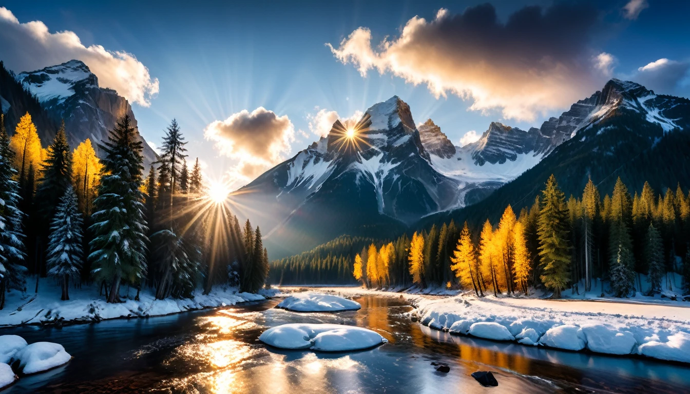 a National Geographic nature shot of a snowy mountain, the sun rises, (the transition between night and day: 1.3), the snow forest mountain range, the forest in the mountains, there pine trees, snow, a river flows between the mountains, the forest is reflected in rays of sunset in river, divine rays, some clouds, sun rays, some stars,  (highest quality:1.2, Very detailed, up to date, Vibrant, Ultra-high resolution, High Contrast, masterpiece:1.2, highest quality, Best aesthetics), best details, best quality, highres, ultra wide angle, 16k, [ultra detailed], masterpiece, best quality, (extremely detailed: 1.5), aetherpunkai, Cinematic Hollywood Film style, ladyshadow