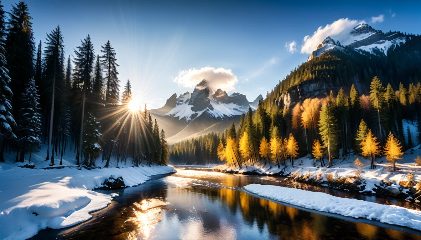 a National Geographic nature shot of a snowy mountain, the sun rises, (the transition between night and day: 1.3), the snow forest mountain range, the forest in the mountains, there pine trees, snow, a river flows between the mountains, the forest is reflected in rays of sunset in river, divine rays, some clouds, sun rays, some stars,  (highest quality:1.2, Very detailed, up to date, Vibrant, Ultra-high resolution, High Contrast, masterpiece:1.2, highest quality, Best aesthetics), best details, best quality, highres, ultra wide angle, 16k, [ultra detailed], masterpiece, best quality, (extremely detailed: 1.5), aetherpunkai, Cinematic Hollywood Film style, ladyshadow