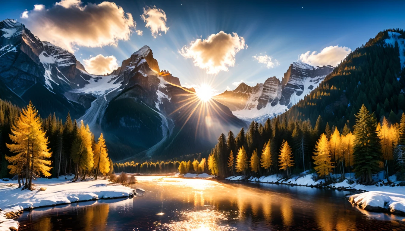 a National Geographic nature shot of a snowy mountain, the sun rises, (the transition between night and day: 1.3), the snow forest mountain range, the forest in the mountains, there pine trees, snow, a river flows between the mountains, the forest is reflected in rays of sunset in river, divine rays, some clouds, sun rays, some stars,  (highest quality:1.2, Very detailed, up to date, Vibrant, Ultra-high resolution, High Contrast, masterpiece:1.2, highest quality, Best aesthetics), best details, best quality, highres, ultra wide angle, 16k, [ultra detailed], masterpiece, best quality, (extremely detailed: 1.5), aetherpunkai, Cinematic Hollywood Film style, ladyshadow