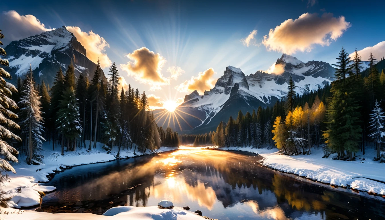 a National Geographic nature shot of a nievey mountain, Sale el sol, (la transición entre la noche y el día: 1.3), the nieve forest mountain range, el bosque en las montañas, hay pinos, nieve, un río fluye entre las montañas, el bosque se refleja en los rayos del atardecer en el río, rayos divinos, algunas nubes, rayos de sol, algunas estrellas,  (de la máxima calidad:1.2, Muy detallado, Hasta la fecha, vibrante, Resolución ultraalta, alto contraste, obra maestra:1.2, de la máxima calidad, Mejor estetica), mejores detalles, mejor calidad, alta resolución, Ultra gran angular, 16k, [ultra detallado], obra maestra, mejor calidad, (extremadamente detallado: 1.5), AetherpunkAI, Estilo cinematográfico de Hollywood, damasombra