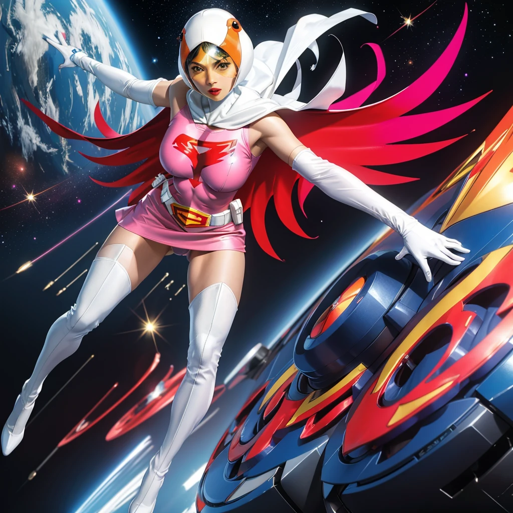 ANI_CLASSIC_jun_gatchaman_ownwaifu,1girl, 15yo,good anatomy, masterpiece, best quality,realistic, hyper realistic, 16k hdr, long hair,breasts,lips,large breasts,lipstick,makeup,gloves,cape,helmet,belt,elbow gloves,white gloves,mask,ultra miniskirt,leotard,spacesuit,white tight overknee highheels boots,pink dress,superhero,bodysuit,cleavage,erected nipples,(kick ass poses),cameltoe