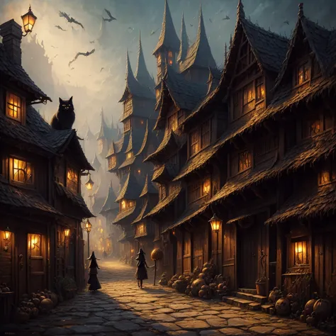 a witch walking down a village street, a large black fluffy cat, dried mushrooms, skulls, and cobwebs on a fence, fantasy, mysti...