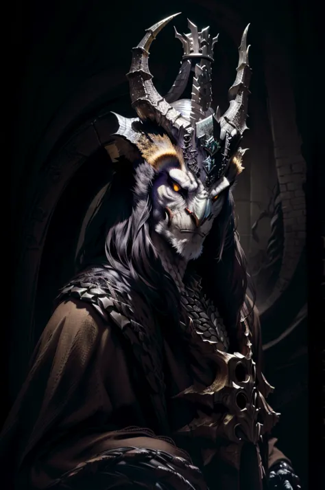 Portrait, 1male, monster, owl features, horns, crown of horns, dark romance, monster romance, close up