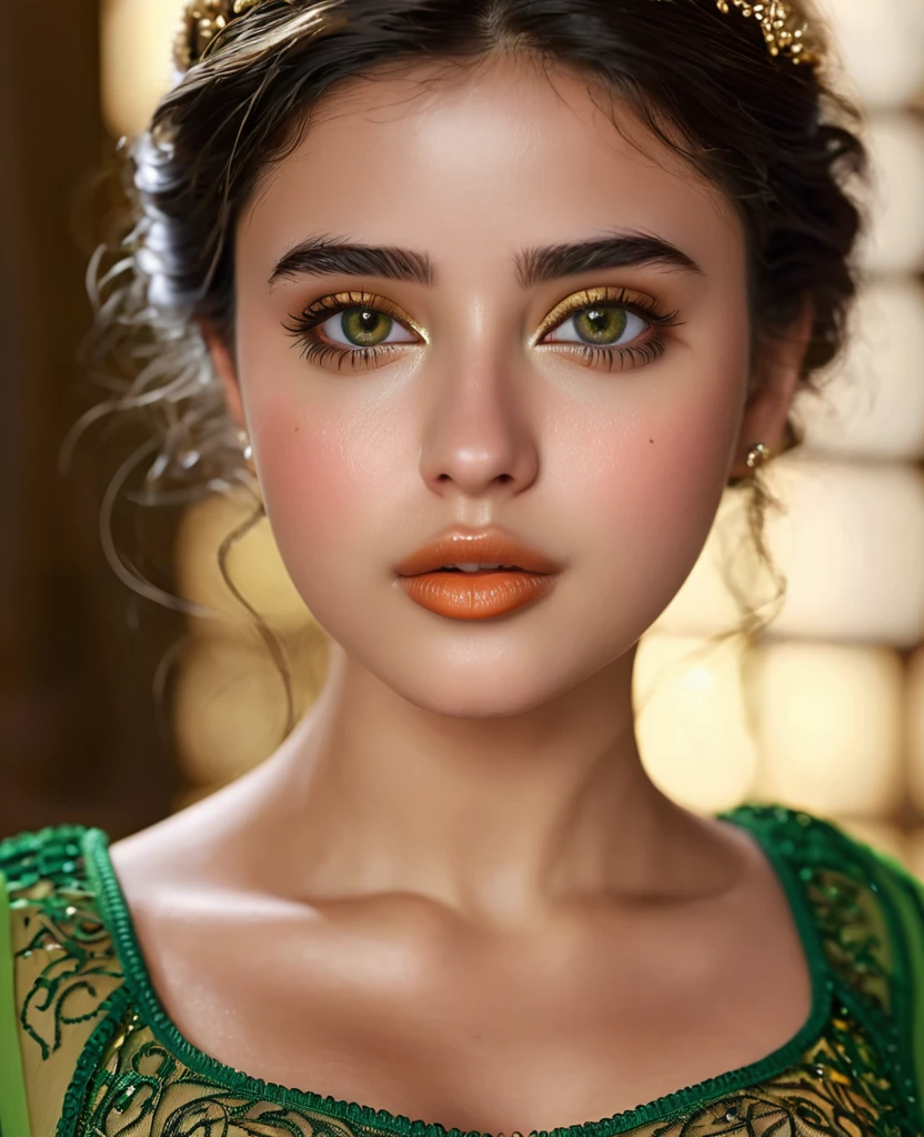 spanish princess,green and gold dress,olive skin,honey eyes,curvy figure,22 years old,big lips,beautiful detailed eyes,beautiful detailed lips,extremely detailed eyes and face,long eyelashes,masterpiece:1.2,ultra-detailed,photorealistic:1.37,HD,UHD,studio lighting,sharp focus,physically-based rendering,extreme detail description,professional,vivid colors,bokeh,portraits,landscape,romantic,colorful lighting. full body