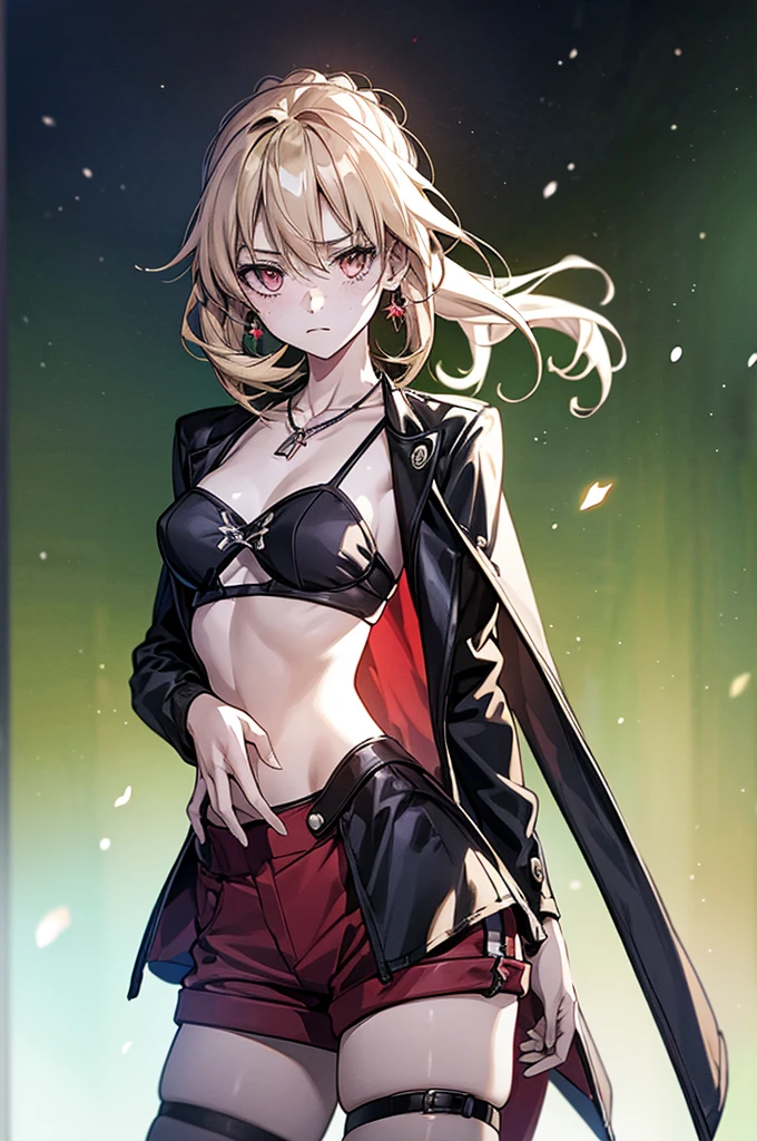 One girl, Red eyes, chest, large chest, Shorts, Crop Topwear, shot_jacket View Viewer, Thigh straps, (Super detailed)), ((figure)), ((Disheveled Hair)), (beautiful Fine grain), beautiful, wonderful, Fine grain, (((masterpiece))), (Realistic:0.5), Highest quality, woman, seductive Anime Girls, chest and Browsing Caution, beautiful alluring anime woman, beautiful alluring anime teen, (Anime Girls), with a large chest, [ 4k digital art ]!!, attractive Anime Girls, beautiful Anime Girls, Sexy Girl, Anime Girls, Anime Girlss, Kantai Collection Style, masterpiece, Browsing Caution, Highest quality, masterpiece, Highest quality,Official Art,Highly detailed CG Unity 8k wallpaper, I slicked my hair back., Earrings, necklace, freckles, View Viewer, Bokeh Background,Body-facing camera, close,