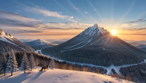 a National Geographic nature shot of a wolf sitting on a snowy mountain, watching the sun rises, the transition between night an...