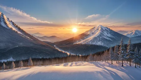 a National Geographic nature shot of a wolf sitting on a snowy mountain, watching the sun rises, the transition between night an...